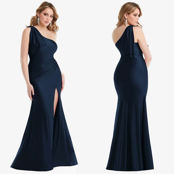 NWT CYNTHIA SAHAR Stretch Satin Bow One Shoulder Sleeveless Mermaid Maxi Gown M - Picture 1 of 4